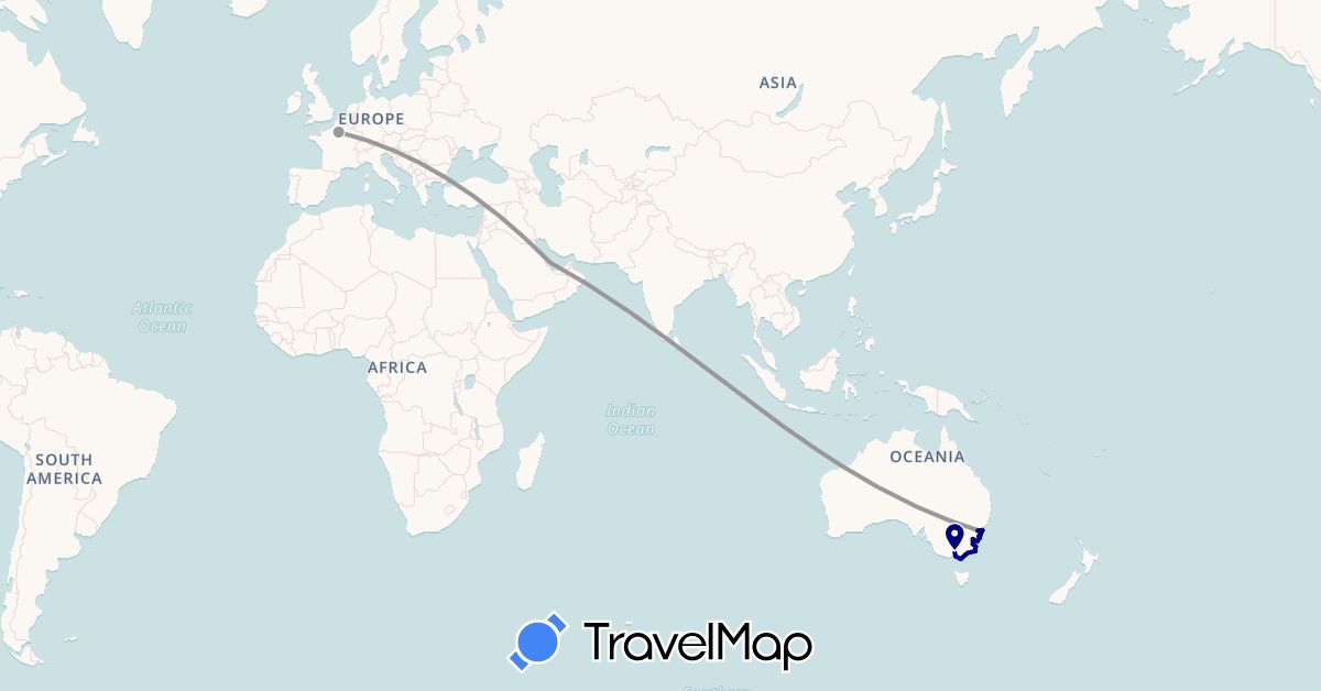 TravelMap itinerary: driving, bus, plane in Australia, France, Qatar (Asia, Europe, Oceania)